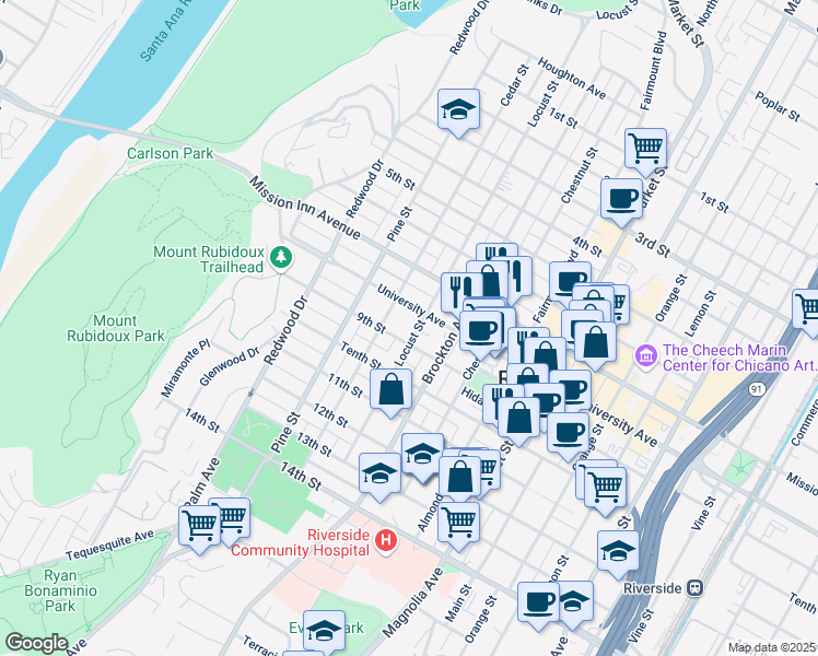 map of restaurants, bars, coffee shops, grocery stores, and more near 3855 Locust Street in Riverside