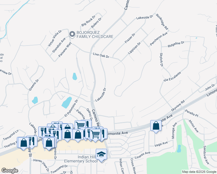map of restaurants, bars, coffee shops, grocery stores, and more near 7440 Live Oak Drive in Riverside
