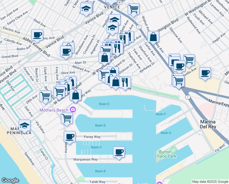 map of restaurants, bars, coffee shops, grocery stores, and more near 4335 Marina City Drive in Marina del Rey