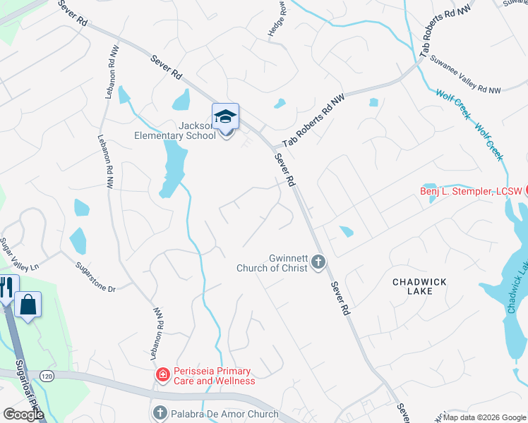 map of restaurants, bars, coffee shops, grocery stores, and more near 1855 Severbrook Place Northwest in Lawrenceville