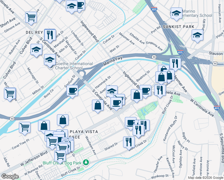 map of restaurants, bars, coffee shops, grocery stores, and more near 12205 Lucile Street in Culver City