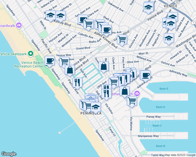 map of restaurants, bars, coffee shops, grocery stores, and more near 439 Sherman Canal in Los Angeles