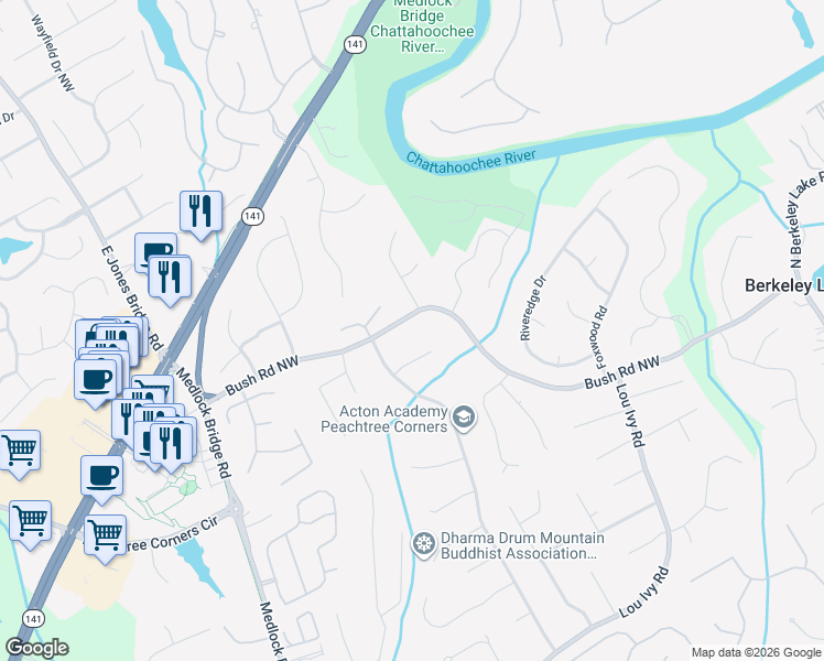 map of restaurants, bars, coffee shops, grocery stores, and more near 4866 Bush Road Northwest in Duluth