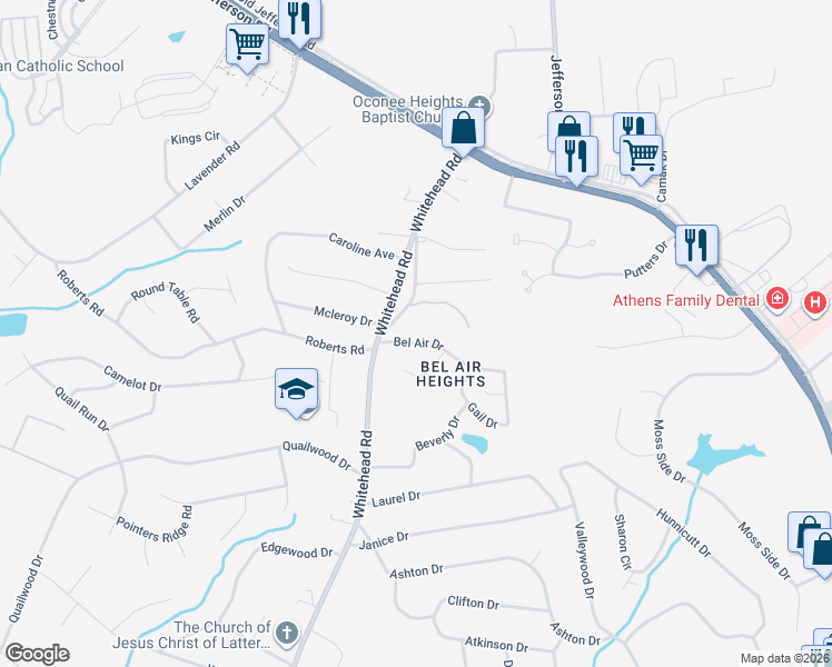 map of restaurants, bars, coffee shops, grocery stores, and more near 155 Bel Air Drive in Athens