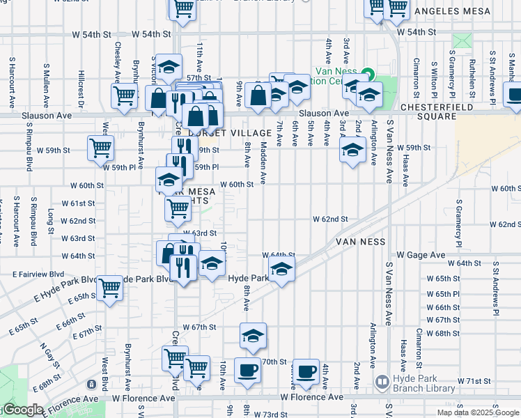 map of restaurants, bars, coffee shops, grocery stores, and more near 6043 Madden Avenue in Los Angeles