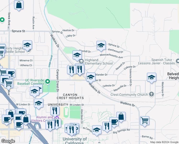 map of restaurants, bars, coffee shops, grocery stores, and more near 635 Highlander Drive in Riverside