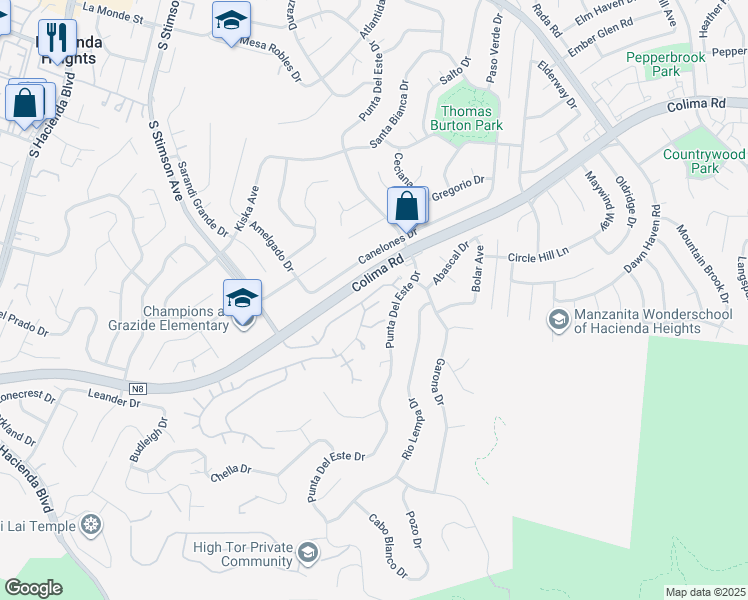 map of restaurants, bars, coffee shops, grocery stores, and more near 16310 Sierra Pass Way in Hacienda Heights