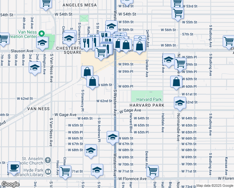 map of restaurants, bars, coffee shops, grocery stores, and more near 6050 South Western Avenue in Los Angeles