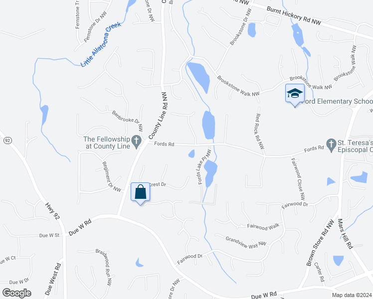 map of restaurants, bars, coffee shops, grocery stores, and more near 6055 Fords Road in Acworth