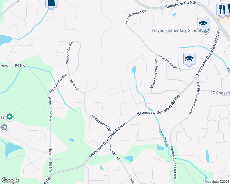 map of restaurants, bars, coffee shops, grocery stores, and more near 3180 Crestmont Way Northwest in Kennesaw