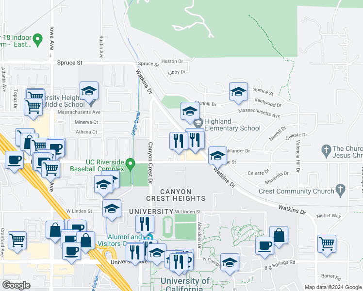 map of restaurants, bars, coffee shops, grocery stores, and more near 3131 Watkins Drive in Riverside
