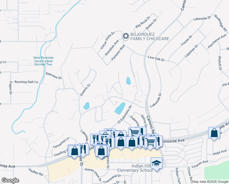 map of restaurants, bars, coffee shops, grocery stores, and more near 5763 Autumnwood Lane in Riverside