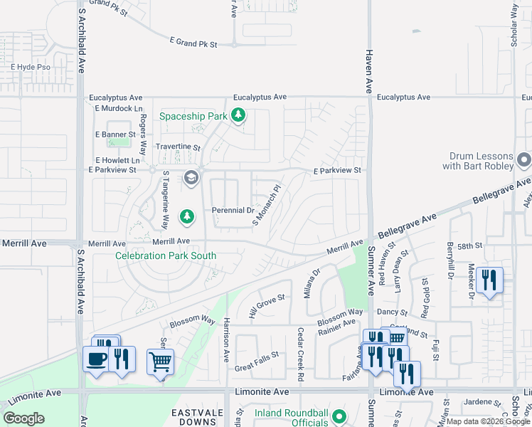 map of restaurants, bars, coffee shops, grocery stores, and more near 4885 South Monarch Place in Ontario