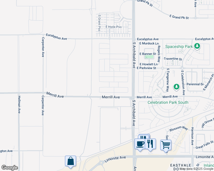 map of restaurants, bars, coffee shops, grocery stores, and more near 2578 East Mabel Lane in Ontario
