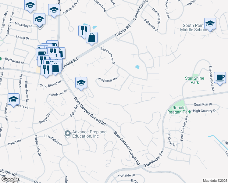 map of restaurants, bars, coffee shops, grocery stores, and more near 20232 Evening Breeze Drive in Walnut