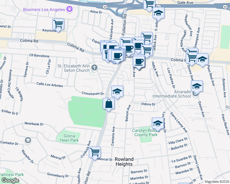 map of restaurants, bars, coffee shops, grocery stores, and more near 1940 Fullerton Road in Rowland Heights
