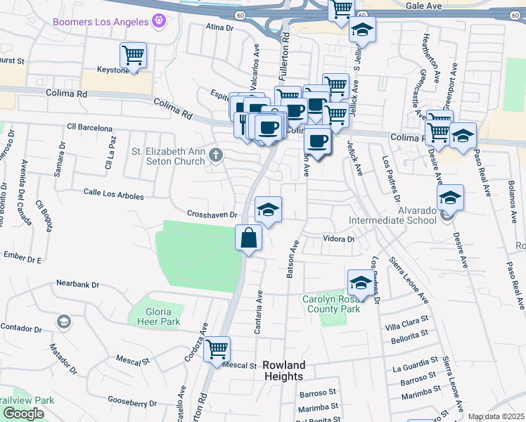 map of restaurants, bars, coffee shops, grocery stores, and more near 1940 Fullerton Road in La Puente