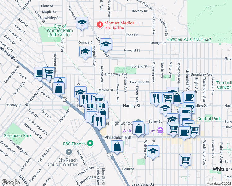 map of restaurants, bars, coffee shops, grocery stores, and more near 6316 Gregory Avenue in Whittier