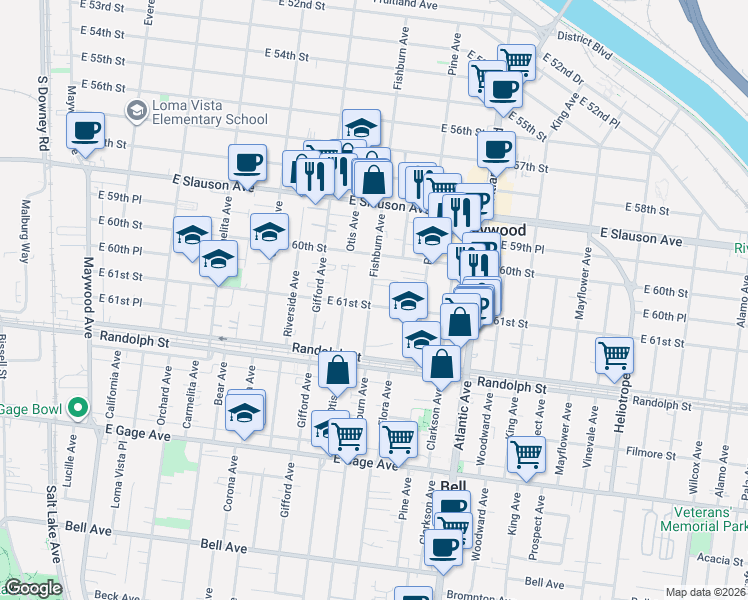 map of restaurants, bars, coffee shops, grocery stores, and more near 4216 East 61st Street in Huntington Park