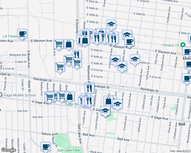 map of restaurants, bars, coffee shops, grocery stores, and more near 3530 East 61st Place in Huntington Park
