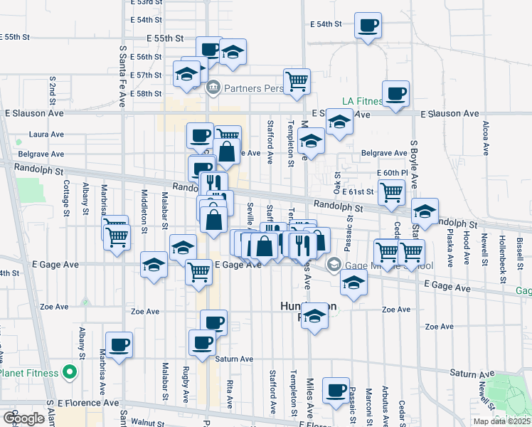 map of restaurants, bars, coffee shops, grocery stores, and more near 6202 Stafford Avenue in Huntington Park