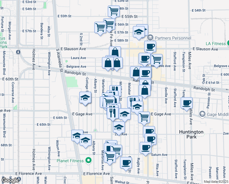 map of restaurants, bars, coffee shops, grocery stores, and more near 6216 Santa Fe Avenue in Huntington Park