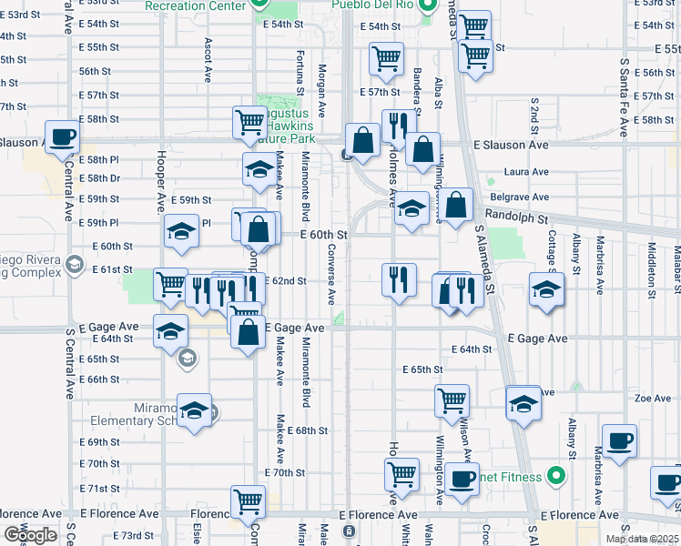 map of restaurants, bars, coffee shops, grocery stores, and more near 1665 East 62nd Street in Los Angeles