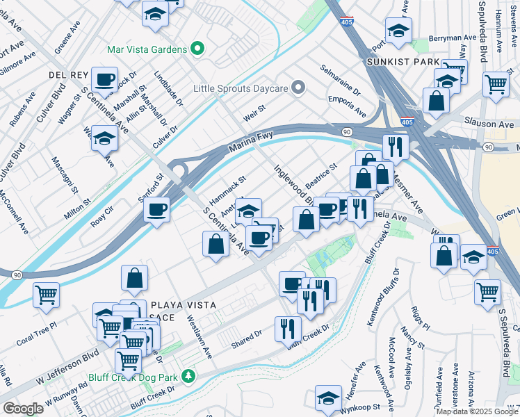 map of restaurants, bars, coffee shops, grocery stores, and more near 12071 Beatrice Street in Culver City