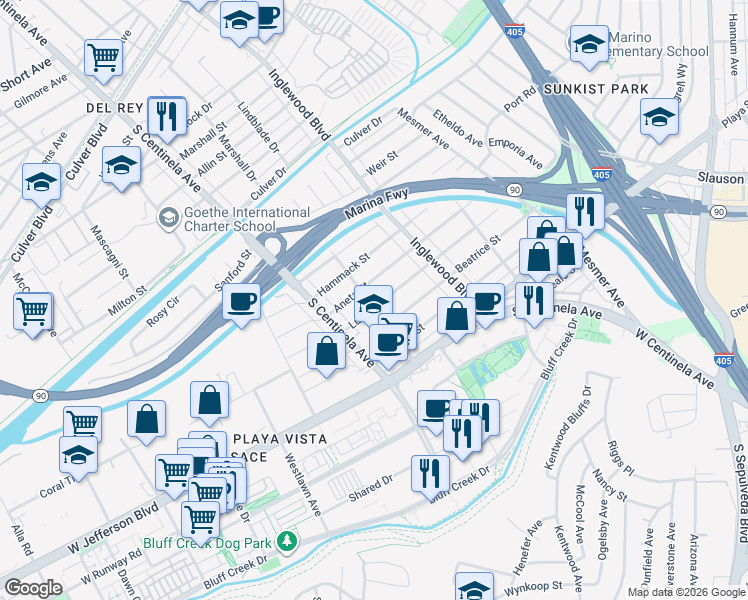 map of restaurants, bars, coffee shops, grocery stores, and more near 12205 Lucile Street in Culver City