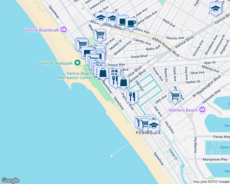 map of restaurants, bars, coffee shops, grocery stores, and more near 28 South Venice Boulevard in Los Angeles
