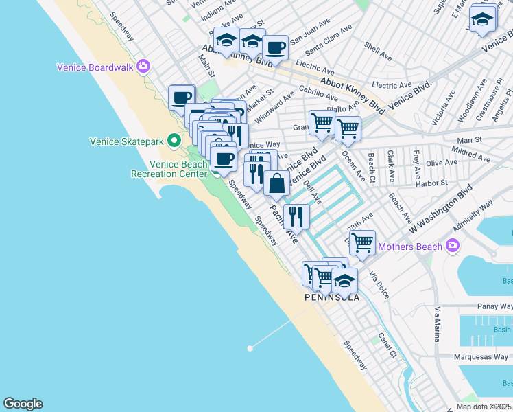 map of restaurants, bars, coffee shops, grocery stores, and more near 28 South Venice Boulevard in Los Angeles