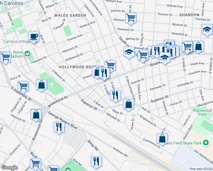 map of restaurants, bars, coffee shops, grocery stores, and more near 412 South Gregg Street in Columbia