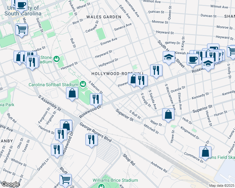 map of restaurants, bars, coffee shops, grocery stores, and more near 1501 Rosewood Drive in Columbia