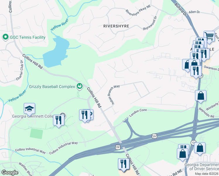 map of restaurants, bars, coffee shops, grocery stores, and more near 118 Indian Branch Way in Lawrenceville