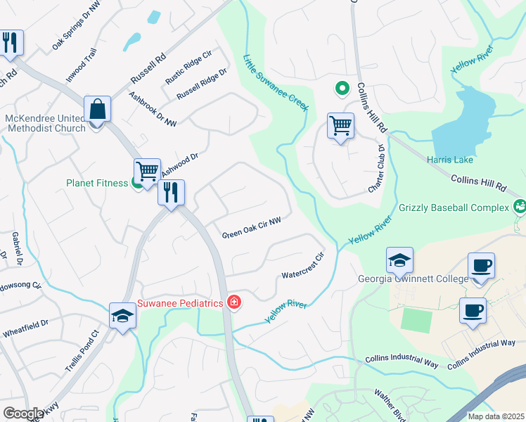 map of restaurants, bars, coffee shops, grocery stores, and more near 434 Meadowfield Court in Lawrenceville