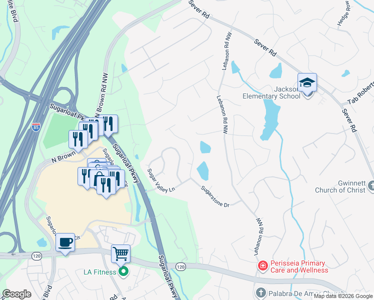 map of restaurants, bars, coffee shops, grocery stores, and more near 2002 Sugarstone Drive in Lawrenceville