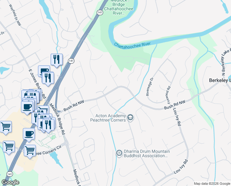 map of restaurants, bars, coffee shops, grocery stores, and more near 4866 Bush Road Northwest in Duluth