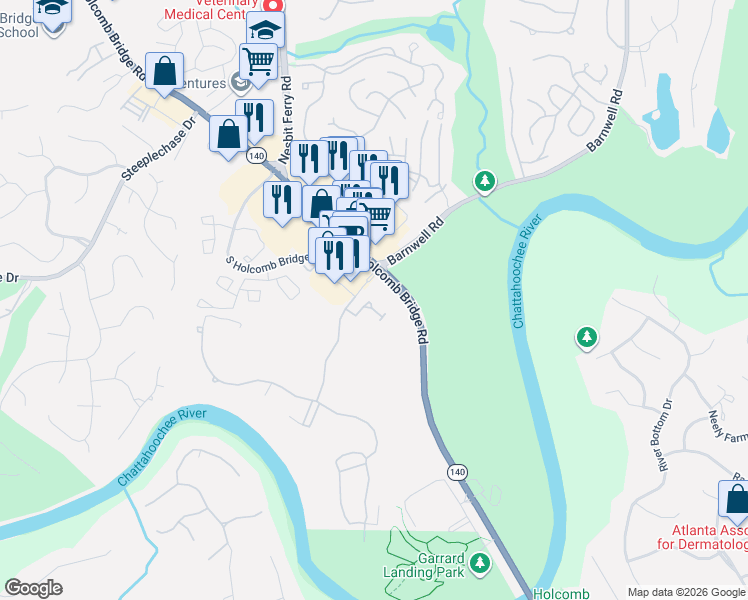 map of restaurants, bars, coffee shops, grocery stores, and more near 9042 Riverbend Manor in Alpharetta