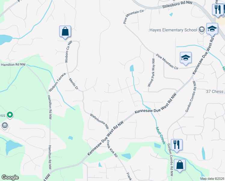 map of restaurants, bars, coffee shops, grocery stores, and more near 3180 Crestmont Way Northwest in Kennesaw