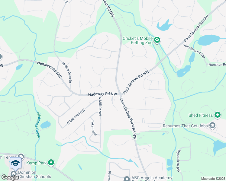 map of restaurants, bars, coffee shops, grocery stores, and more near 4340 Hadaway Road Northwest in Kennesaw