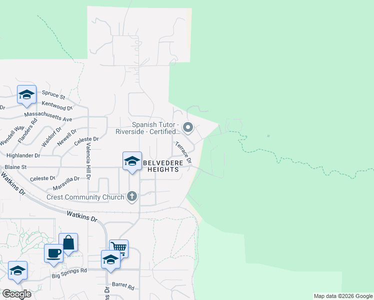 map of restaurants, bars, coffee shops, grocery stores, and more near 3160 Terrace Drive in Riverside