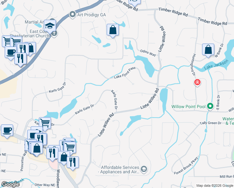map of restaurants, bars, coffee shops, grocery stores, and more near 4366 Karls Gate Drive in Marietta