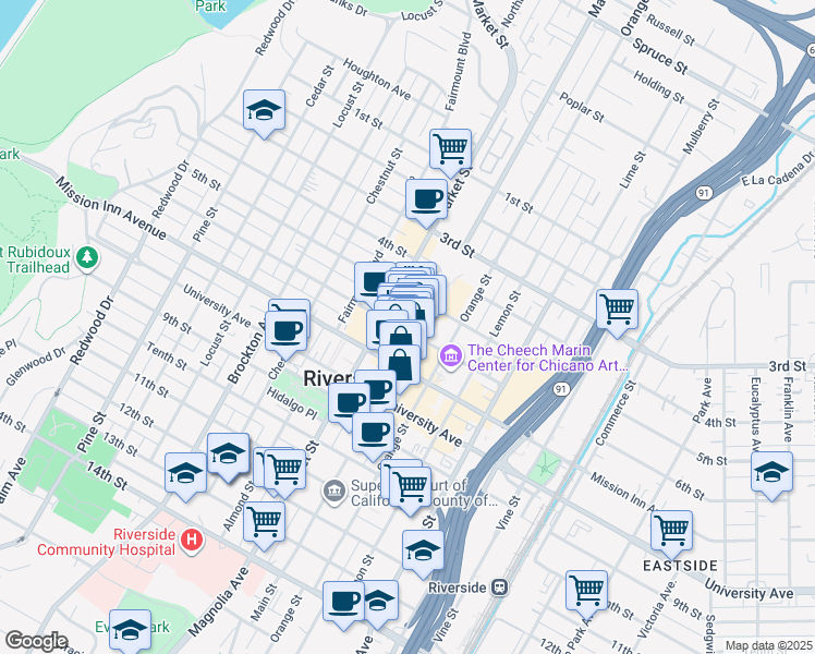 map of restaurants, bars, coffee shops, grocery stores, and more near 3585 Main Street in Riverside
