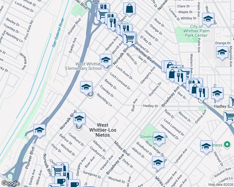map of restaurants, bars, coffee shops, grocery stores, and more near 10929 Townley Drive in Whittier