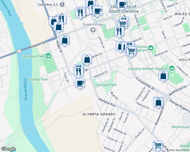 map of restaurants, bars, coffee shops, grocery stores, and more near 22 Heyward Street in Columbia