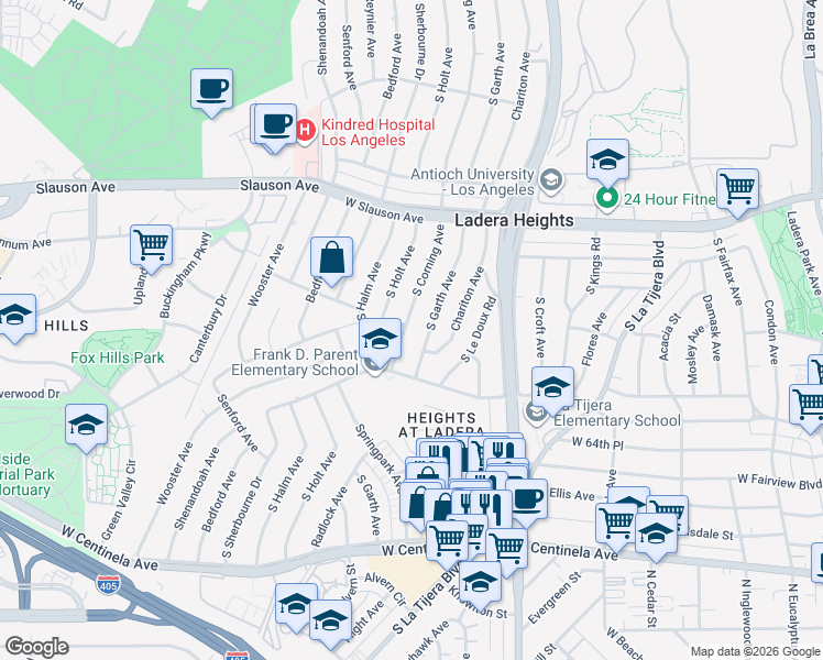 map of restaurants, bars, coffee shops, grocery stores, and more near 6204 South Corning Avenue in Los Angeles