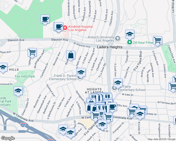 map of restaurants, bars, coffee shops, grocery stores, and more near 6204 South Corning Avenue in Los Angeles