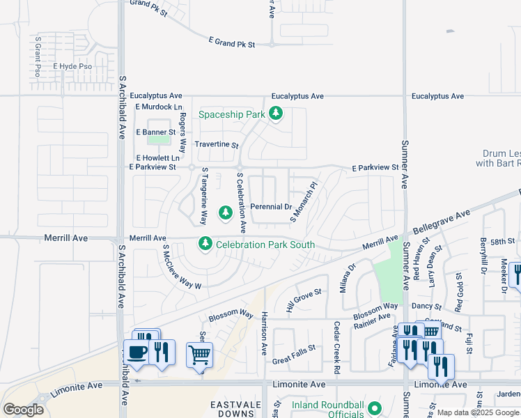 map of restaurants, bars, coffee shops, grocery stores, and more near 3138 Perennial Drive in Ontario
