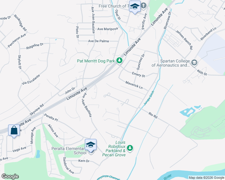 map of restaurants, bars, coffee shops, grocery stores, and more near 6088 Saddlehorn Lane in Riverside