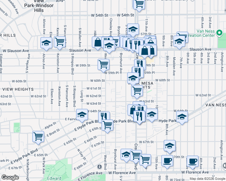 map of restaurants, bars, coffee shops, grocery stores, and more near 6109 Brynhurst Avenue in Los Angeles